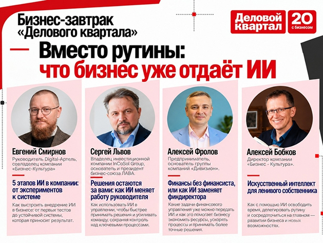 «Вместо рутины: что бизнес уже отдает ИИ?». Новый бизнес-завтрак «ДК» — 29 октября «Вместо рутины: что бизнес уже отдает ИИ?». Новый бизнес-завтрак «ДК» — 29 октября